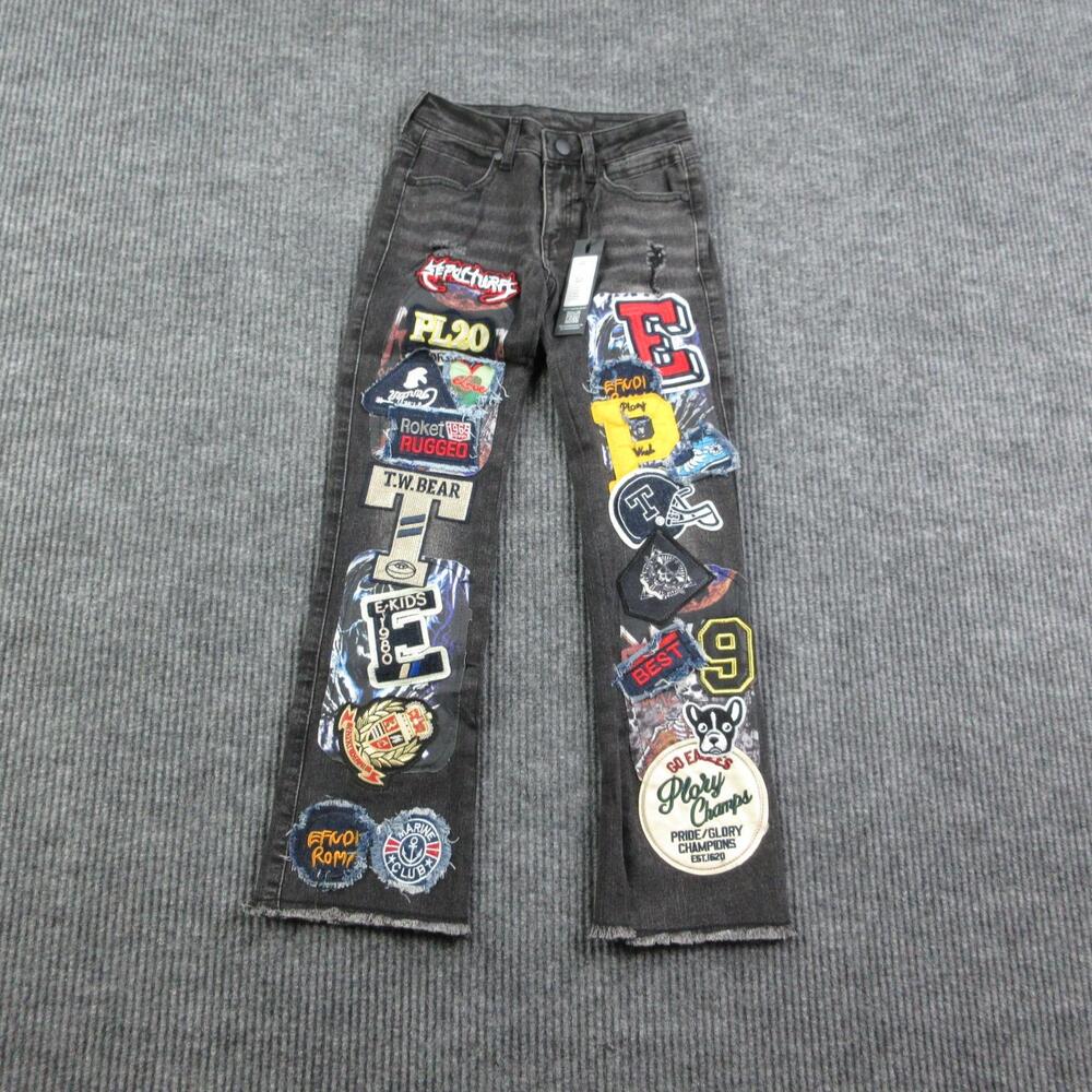 Rockstar Original Jeans Boys 7 Black Patchwork Distressed Frayed 23X24.5* NWT